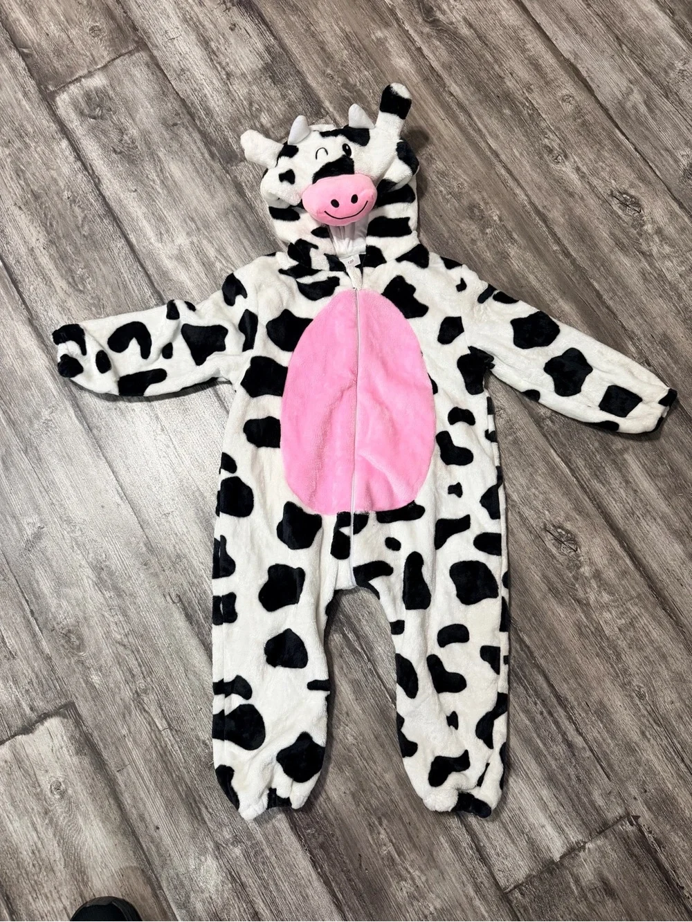 Kids Cow Plush Footed Costume with Pink Belly and Hood